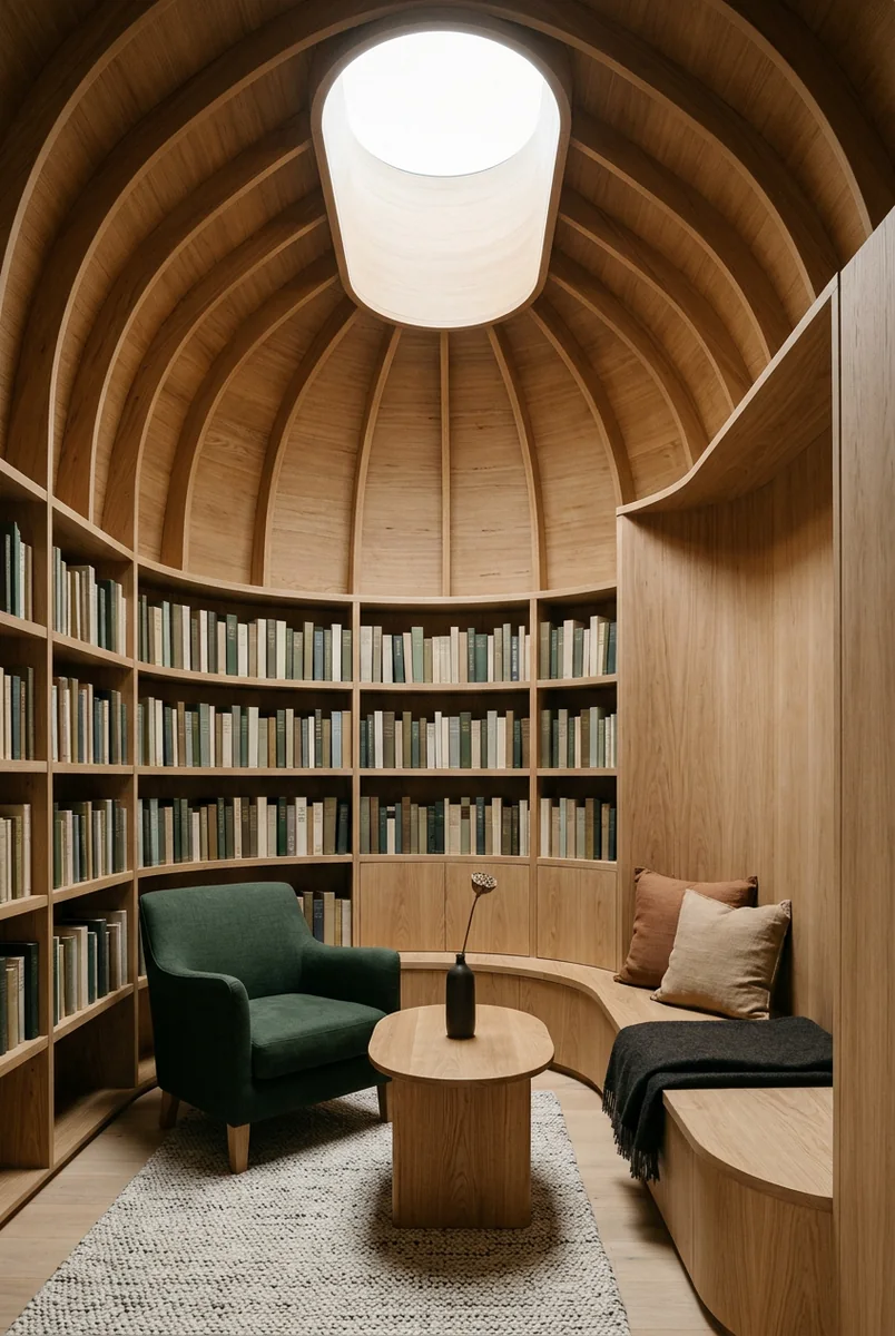 Generated timber reading room under a circular skylight